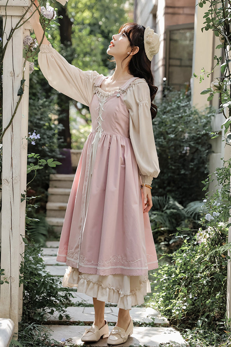 Pink/Apricot Square Collar Long Sleeves Ruffled Embroidered Lace-Up Sweet Lolita Two-Piece Dress Set - Product - 2