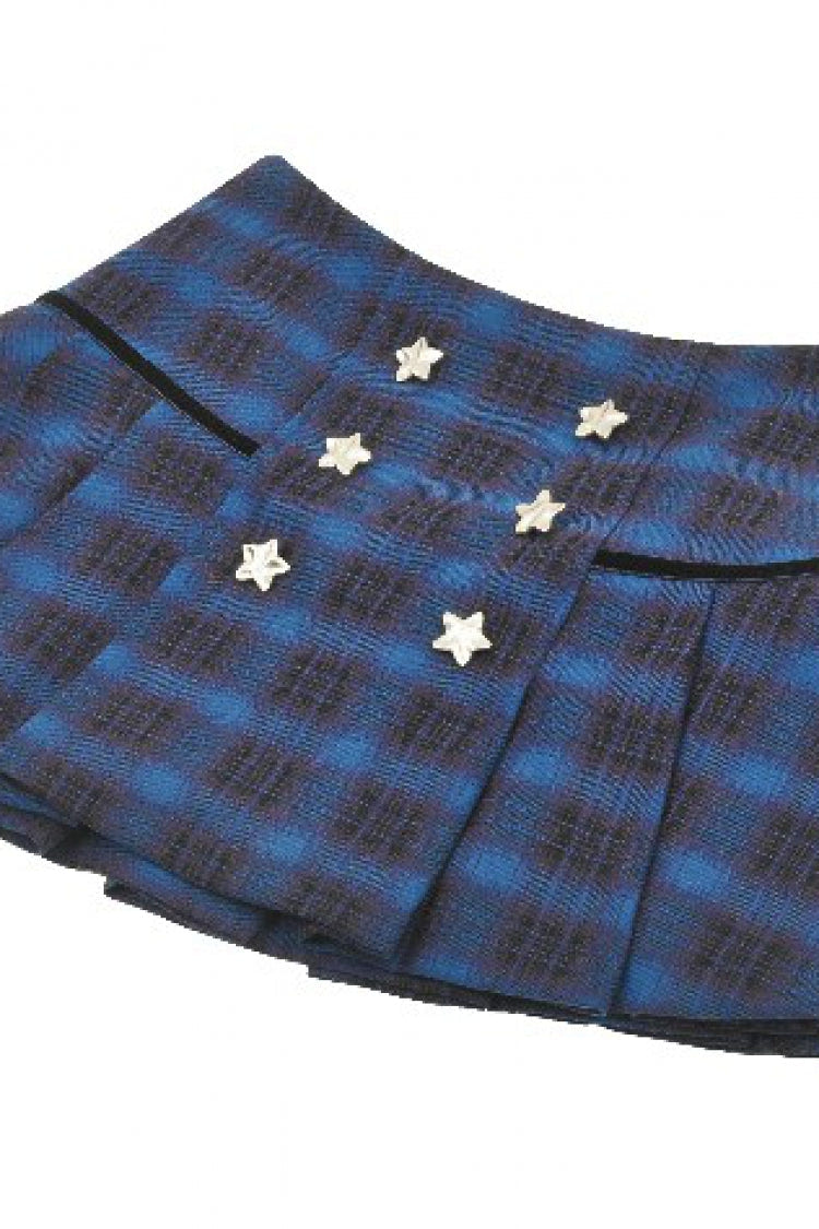 ブルー レディース ヴィンテージ カレッジスタイル Stars チェック プリーツ ショート スカート 商品画像