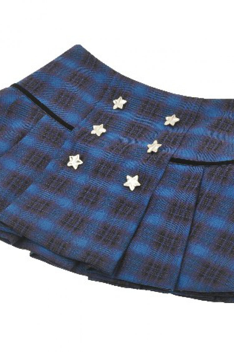 Blue Women's Vintage College Style Stars Plaid Pleated Short Skirt - Product - 10