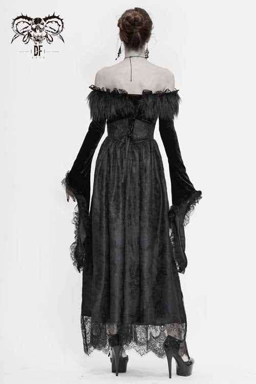Black Sexy Off Shoulder Lace Pleated Womens Formal Gothic Long Dress With Fur Collar - Product - 5