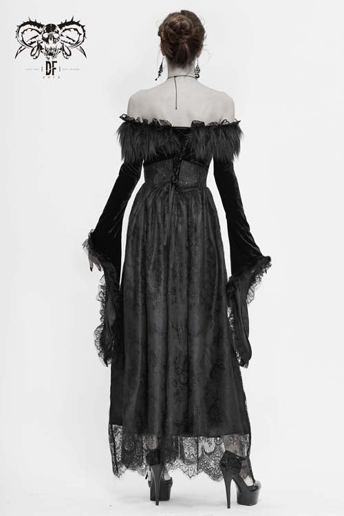 Black Sexy Off Shoulder Lace Pleated Womens Formal Gothic Long Dress With Fur Collar - Product - 5