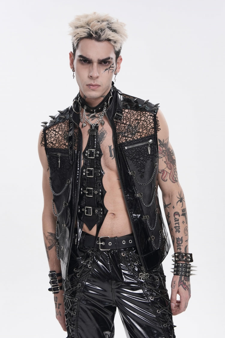 Black Spliced Mesh Studded Buckled Zippered Chain-Decorated Eyelet Men's Punk Cool Vest - Black - 1