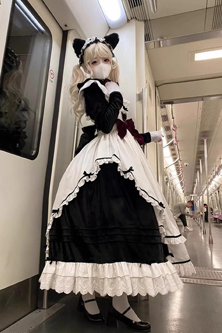 White/Black Apron Maid Ruffle Gothic Princess Lolita Jsk Dress Set - Product - 3