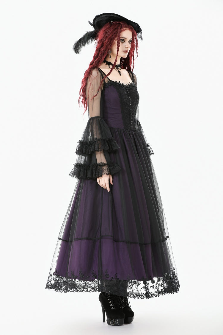 Purple Sheer Lace Square-Cut Collar Double-Layered Long Flared Sleeves  Lace-Up Women's Gothic Maxi Dress - Product - 9