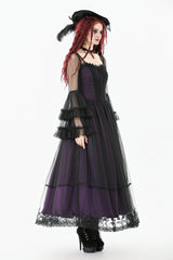 Purple Sheer Lace Square-Cut Collar Double-Layered Long Flared Sleeves  Lace-Up Women's Gothic Maxi Dress - Product - 9