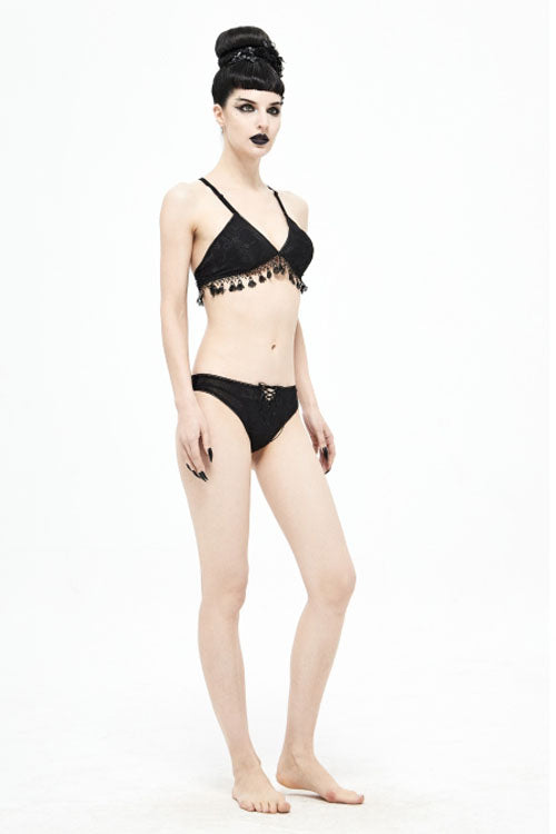 Black Dark Grain Jacquard Tassel Lace Up Gothic Swimsuit - Product - 11