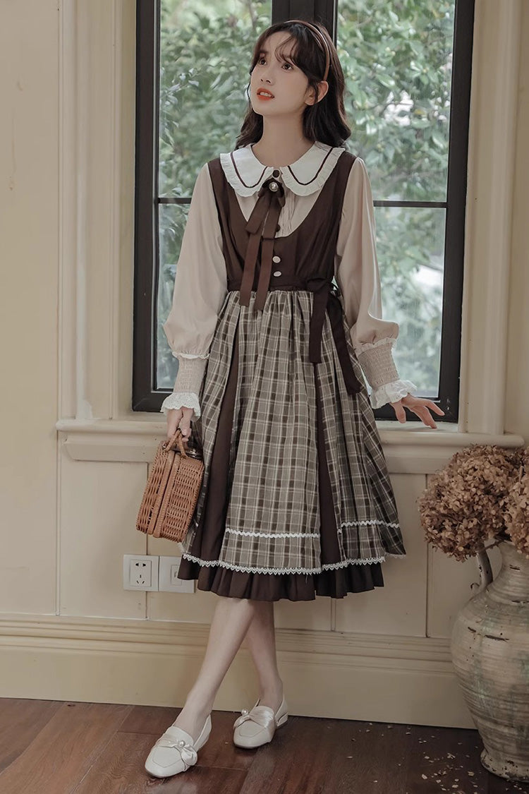 White/Brown Campus Style Doll Collar Lantern Sleeves Plaid Sweet Lolita OP Dress - Product - 2