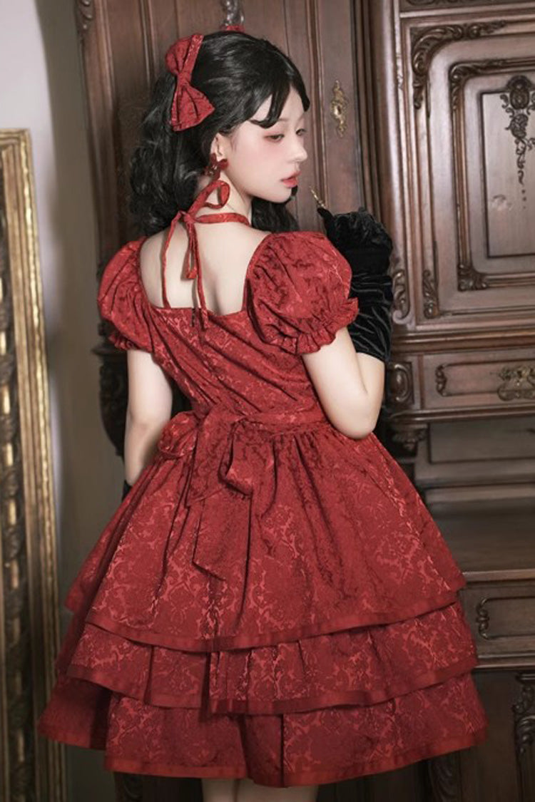 Red Thorn Rose Short Sleeves Multi-layer Ruffle Bowknot Gothic Princess Lolita Dress - Product - 7