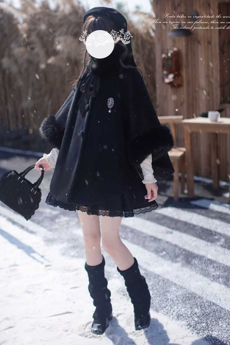 Black Long Sleeves Lace Gothic Japanese Lolita Fluffy Cloak Coat - Product - 5