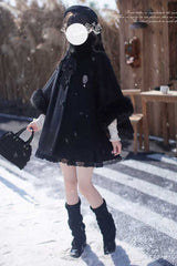 Black Long Sleeves Lace Gothic Japanese Lolita Fluffy Cloak Coat - Product - 5