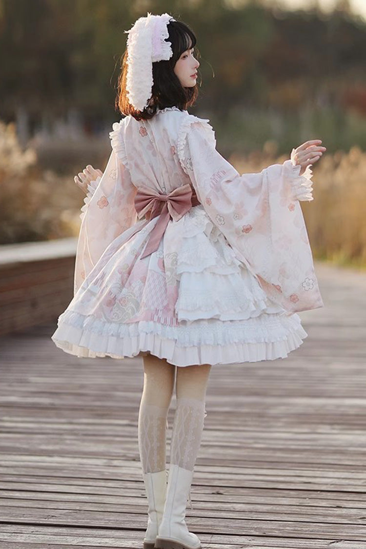 Apricot Long Trumpet Sleeves Cherry Blossom Print Ruffle Sweet Japanese Lolita Dress - Product - 4