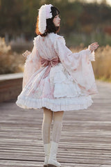 Apricot Long Trumpet Sleeves Cherry Blossom Print Ruffle Sweet Japanese Lolita Dress - Product - 4
