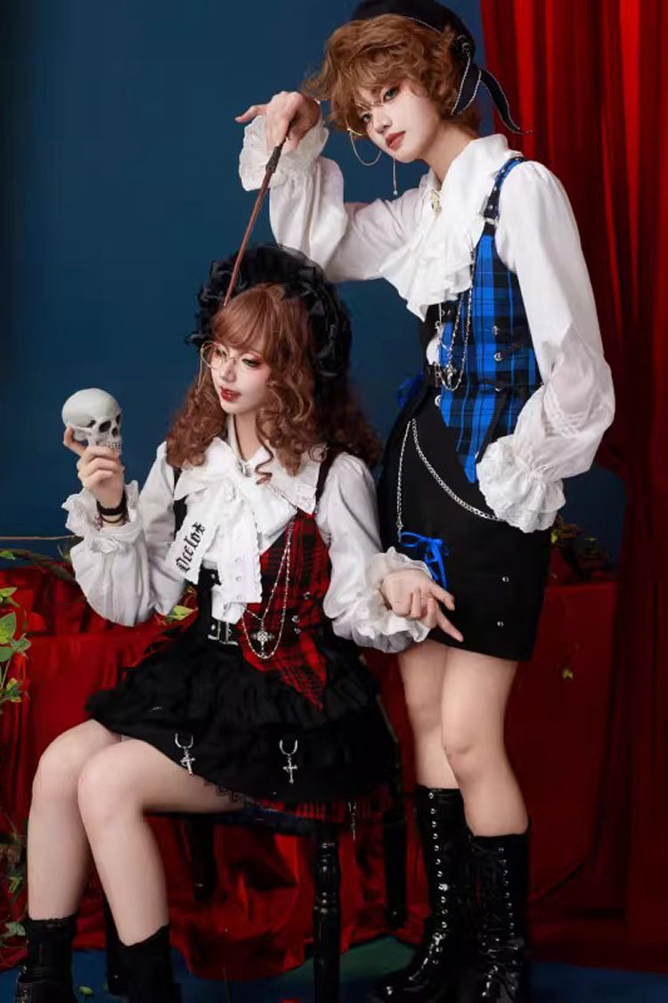 Subculture Plaid Print Ouji Fashion Prince Lolita Blouse Shorts Vest Set - Product - 4