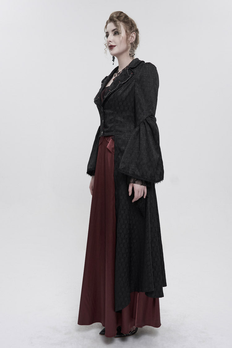 Black Jacquard Short Front Long Back Lapel Bead And Chain Trim Large Cuffs With Lace Trim Back Strap Thin Long Women's Gothic Coat - Product - 4