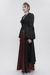 Black Jacquard Short Front Long Back Lapel Bead And Chain Trim Large Cuffs With Lace Trim Back Strap Thin Long Women's Gothic Coat - Product - 4