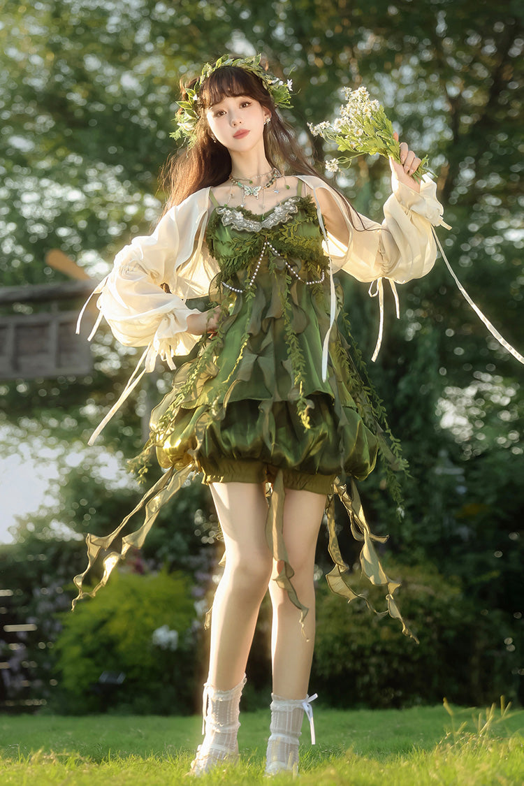 Green [Children of the Forest] Leaf Decoration Ruffle Irregular Sweet Lolita Jsk Dress Set - Product - 5