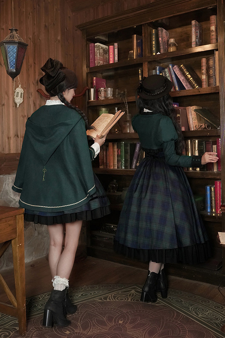Blue/Green [Berlin's letter] Double-Layered Plaid Print Ruffle Bowknot Classic College Style Lolita Strap Dress Set 2 Versions - Product - 26