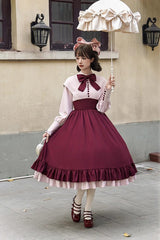 Rose Embroidery Long Sleeves Ruffle Bowknot Fake Two Pieces Elegant Lolita Dress 2 Colors - Product - 13