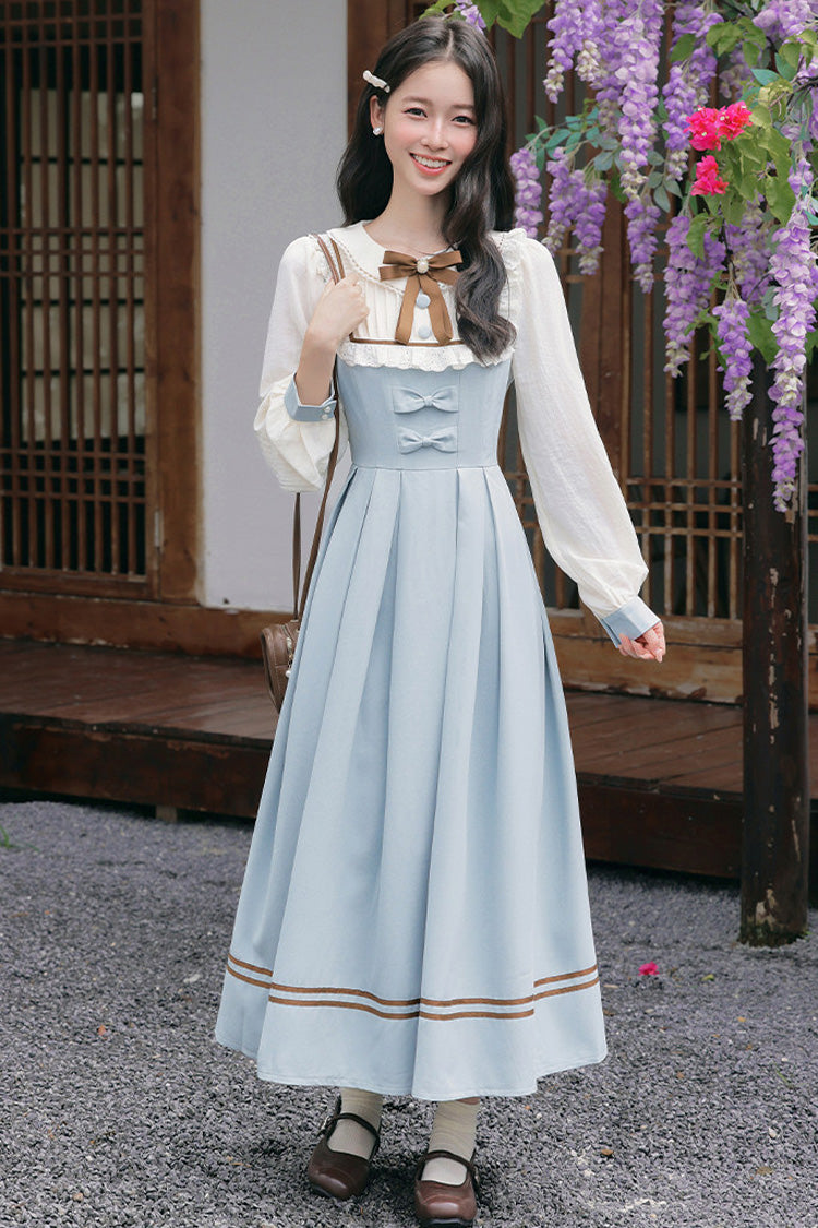 Light Blue Lapel Collar Long Sleeves Bow Spliced Faux Two-Piece Sweet College Style Lolita Dress - Light-Blue - 1