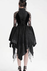Black Long Sleeves Embroidery Lace Lace-Up Irregular Sheer Mesh Women's Gothic Dress - Product - 12