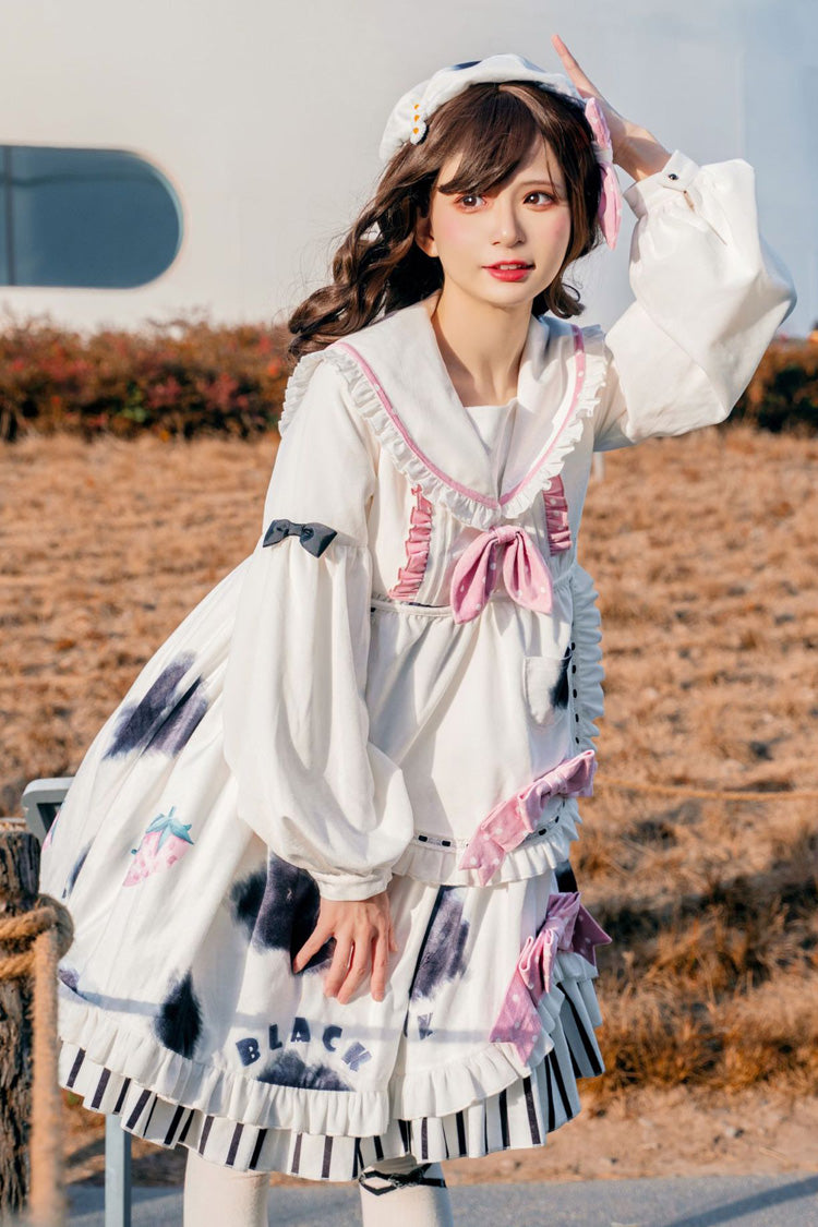 Doll Collar Lantern Long Sleeves Cow Printed Stitching Bowknot Ruffled Sweet Lolita Op Dress - Product - 2