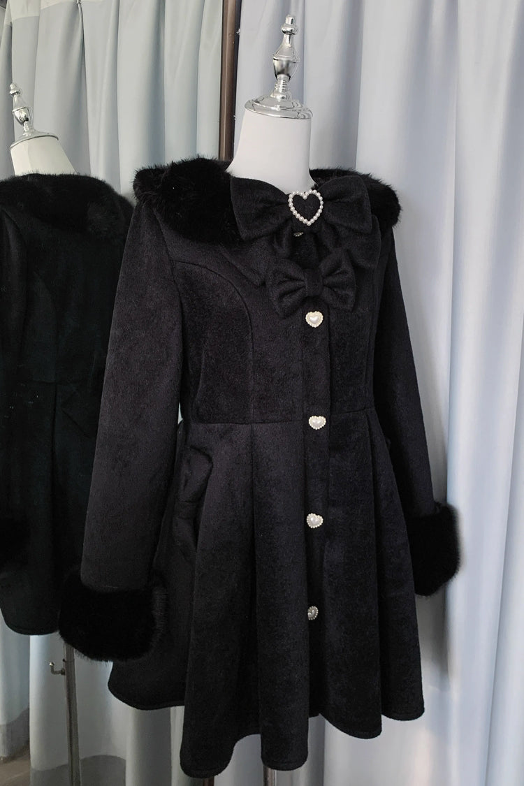 Snow Plush and Thickened Long Sleeves Bowknot Sweet Lolita Coat 2 Colors - Black - 10