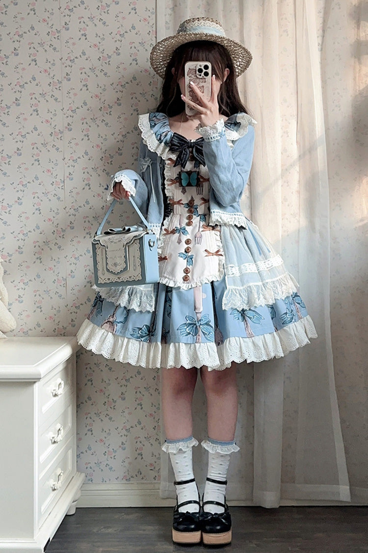 Blue [The Witch’s Banquet] Sleeveless Printed Ruffled Embroidered Bow Lace Sweet Lolita Jsk Dress - Product - 6