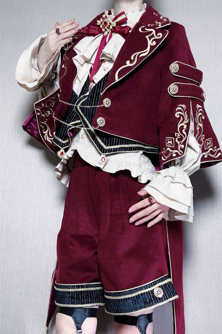 Red [Royal Heir] Embroidery Classic Military Gorgeous Handsome Ouji Lolita Coat Blouse Shorts Set - Product - 10
