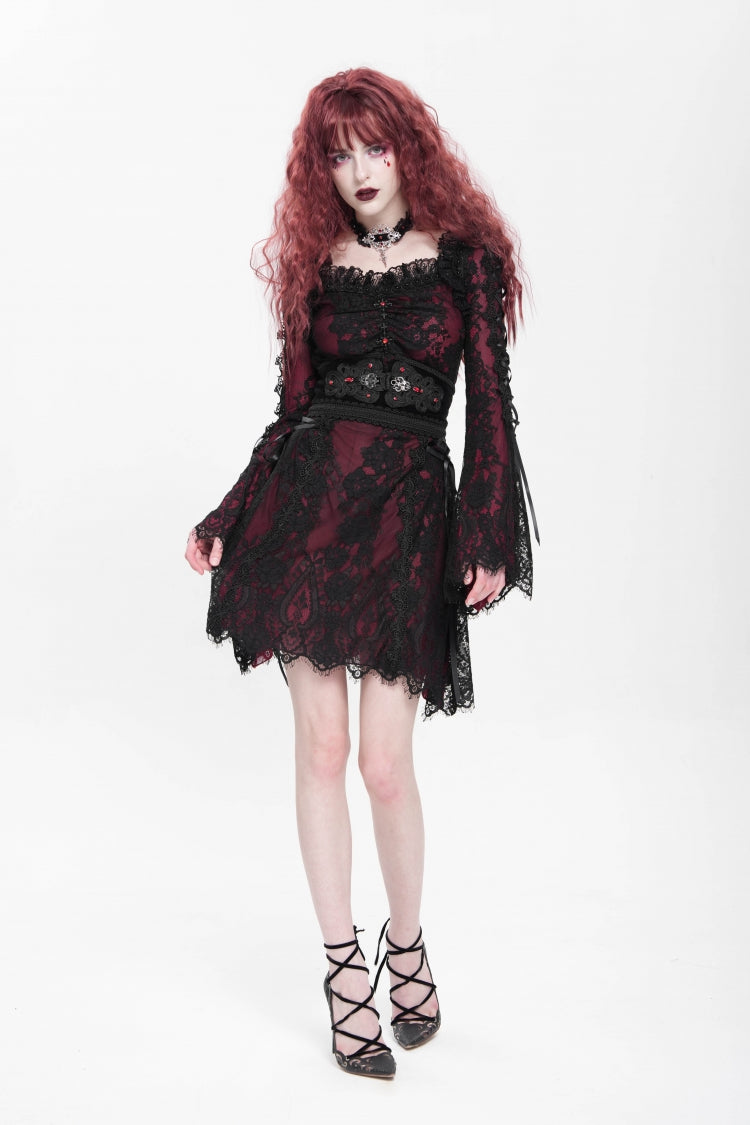 Red Square Collar Long Sleeves Floral Embroidery Lace Lace-Up Women's Gothic Dress - Product - 9