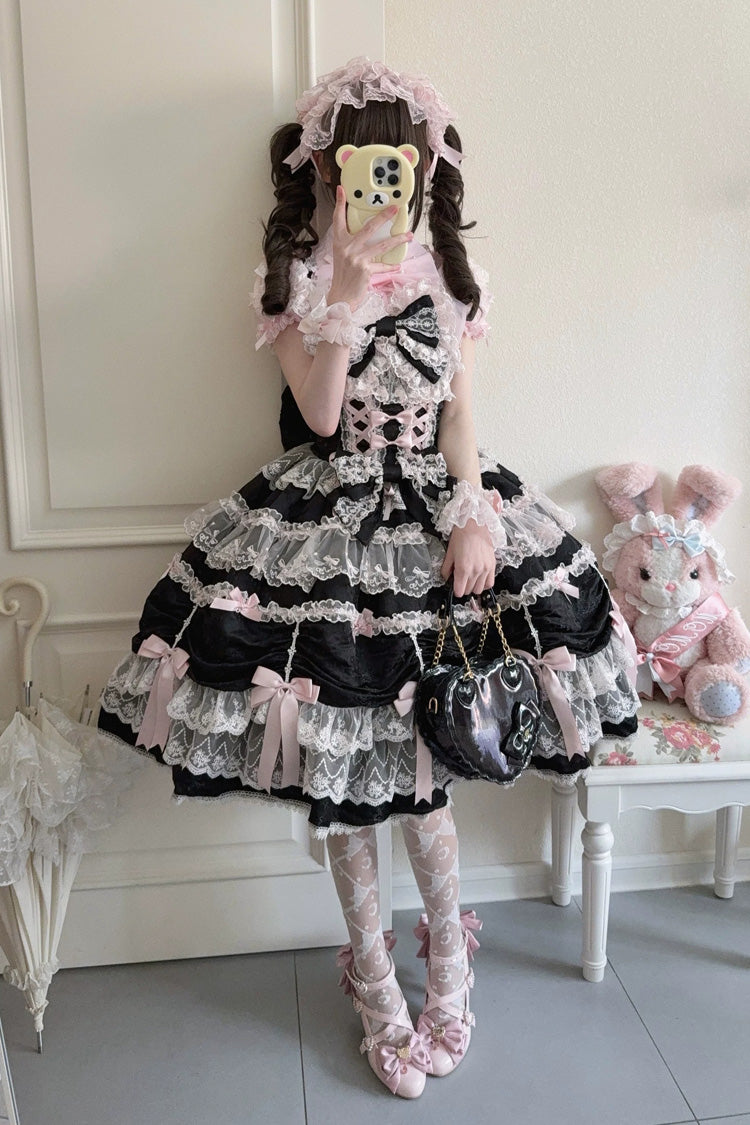 Black/Pink [Silk Satin Gift Box] Square Collar Sleeveless Multi-Layered Ruffled Bow Lace Sweet Lolita Jsk Dress - Product - 4