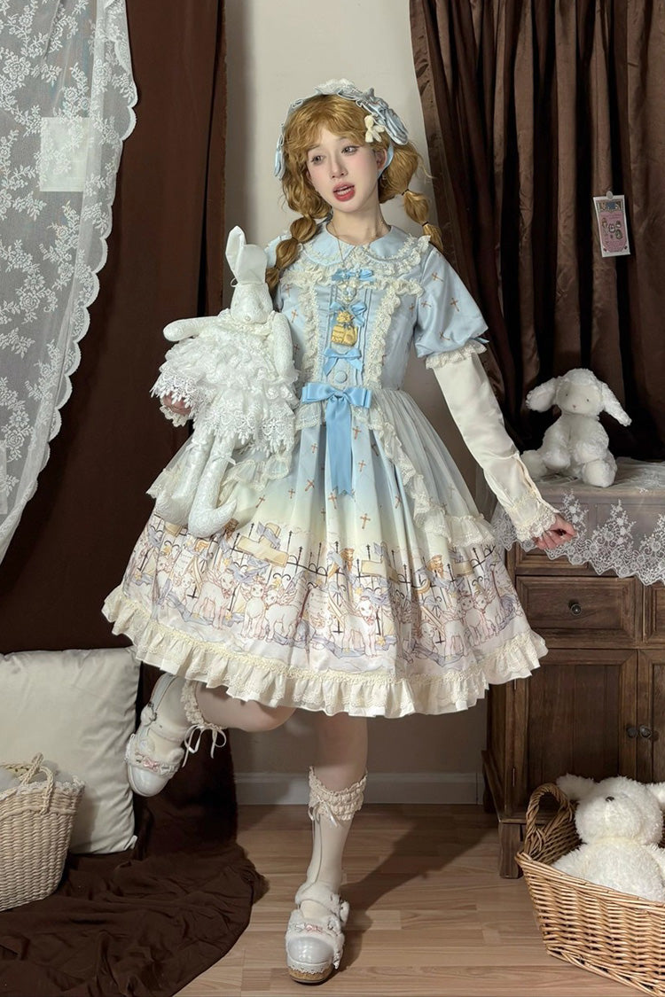 Blue [Angel Lamb] Lapel Collar Short Sleeves Printed Ruffled Bow Sweet Lolita Dress - Product - 2