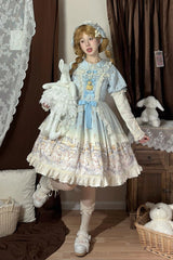 Blue [Angel Lamb] Lapel Collar Short Sleeves Printed Ruffled Bow Sweet Lolita Dress - Product - 2