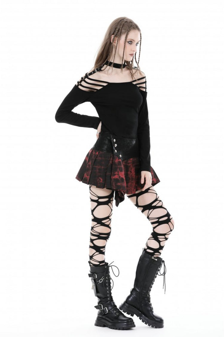 Black Off Shoulder Long Sleeves Cut-Out Buckled Women's Punk Blouse - Product - 12