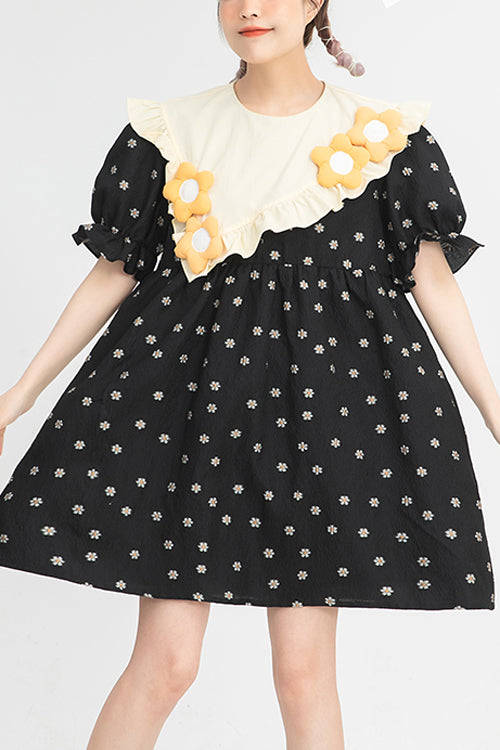 Black Ruffled Splicing Round Collar Bubble Short Sleeves Floral Print High Waisted Sweet Lolita Dress - Black - 1