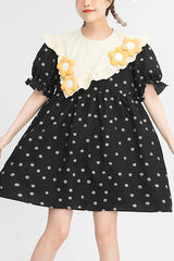 Black Ruffled Splicing Round Collar Bubble Short Sleeves Floral Print High Waisted Sweet Lolita Dress - Black - 1