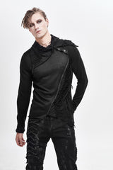 Black Ragged Turn-Down Collar Woolen Long Sleeve Irregular Hem Men's Punk T-Shirt - Product - 2