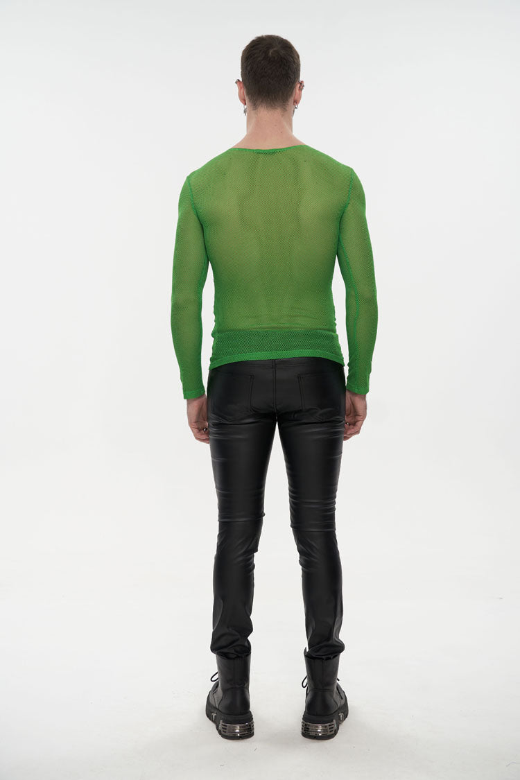 Green Elasticity High Neck Long Sleeve Mesh Men's Gothic T-Shirt - Product - 4