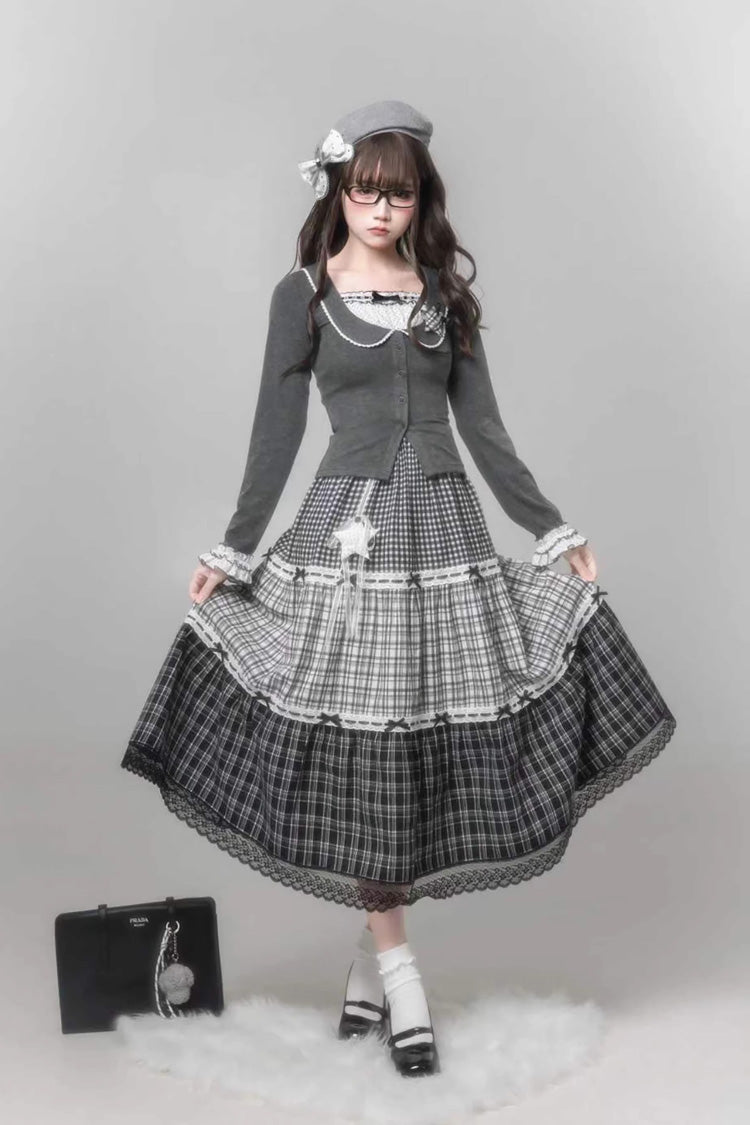 グレー [Star Candy] スクエアカラー 長袖 プリント Cut-Out レース 重ね着風 スウィートロリータスカートセット 商品画像