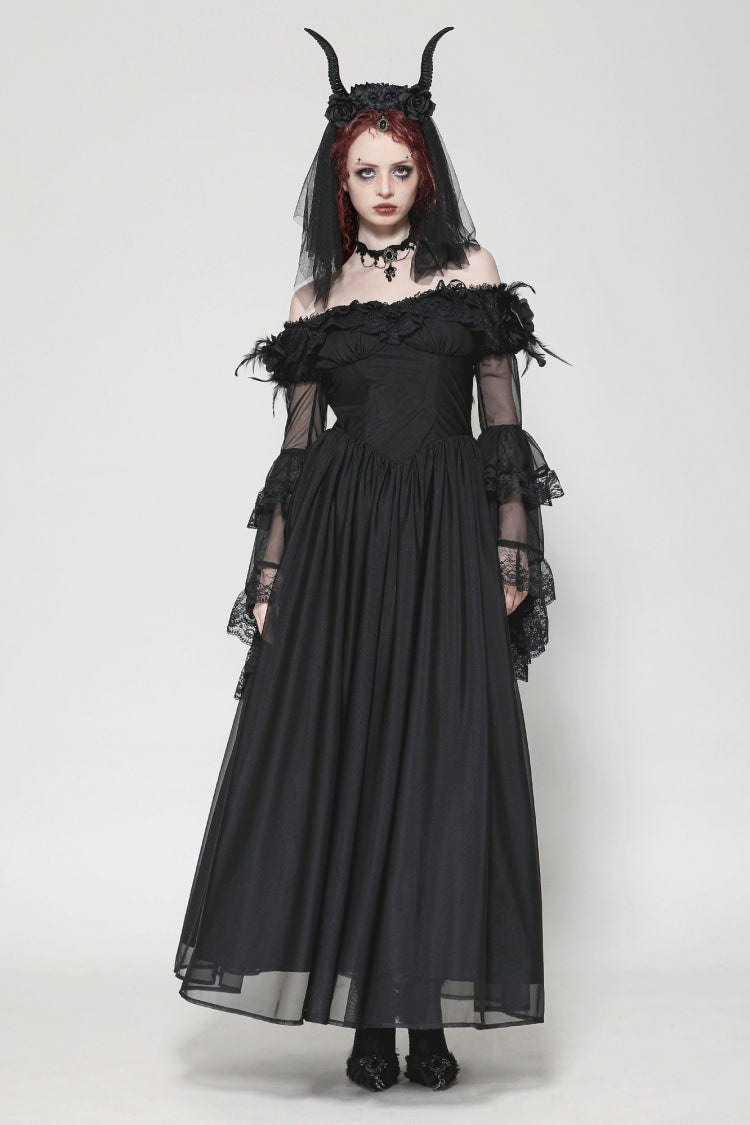 Black Off Shoulder Boat Neck Multi-Layered Long Trumpet Sleeves Lace Spliced Tulle Lace-Up Women's Gothic Fantasy Dress - Product - 9