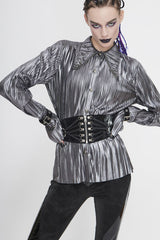Silver Metal Buckles CuffPleated Pointed Collar Leather Loops Punk Shirt - Product - 7