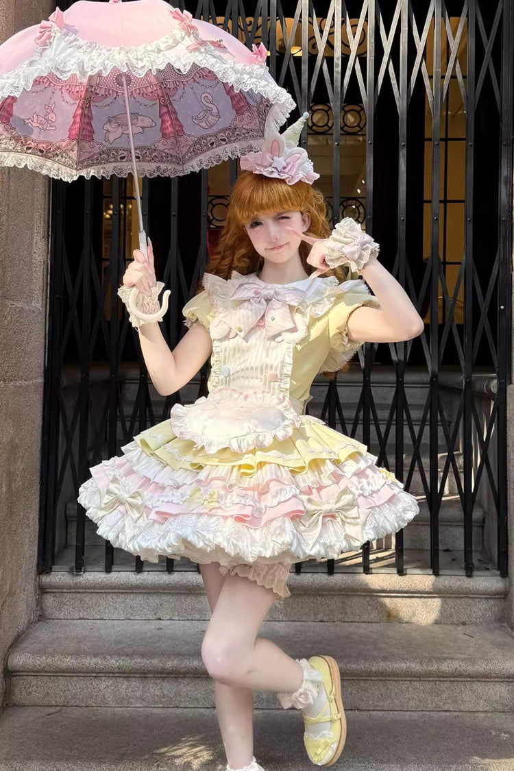 Yellow/Pink [Sweet Bunny Chef] Short Sleeves Multi-Layered Ruffle Bowknot Sweet Lolita Dress - Product - 5