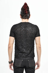 Black Broken Holes Thick Stripes Chest Lace-Up Knit Short Sleeve Men's Punk T-Shirt - Product - 4