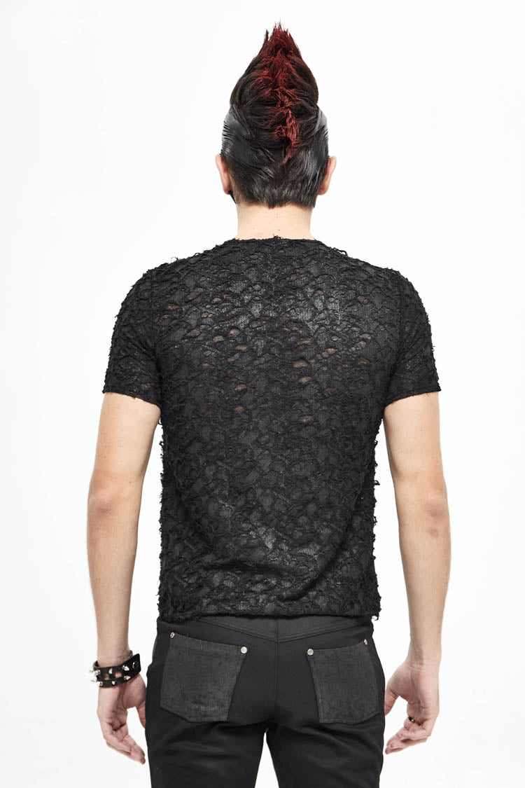 Black Broken Holes Thick Stripes Chest Lace-Up Knit Short Sleeve Men's Punk T-Shirt - Product - 4