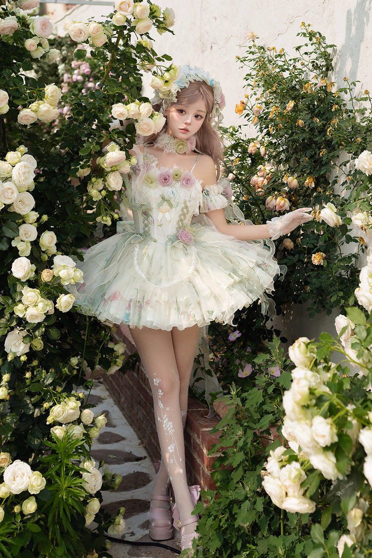Green [Spring Rose] Sleeveless Multi-Layered Bowknot Lace-Up Fishbone Sweet Lolita Jsk Dress - Product - 9