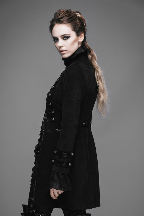 Black Floral Flocking Leather Loops Stand Collar Poncho Womens Gothic Coat - Product - 2