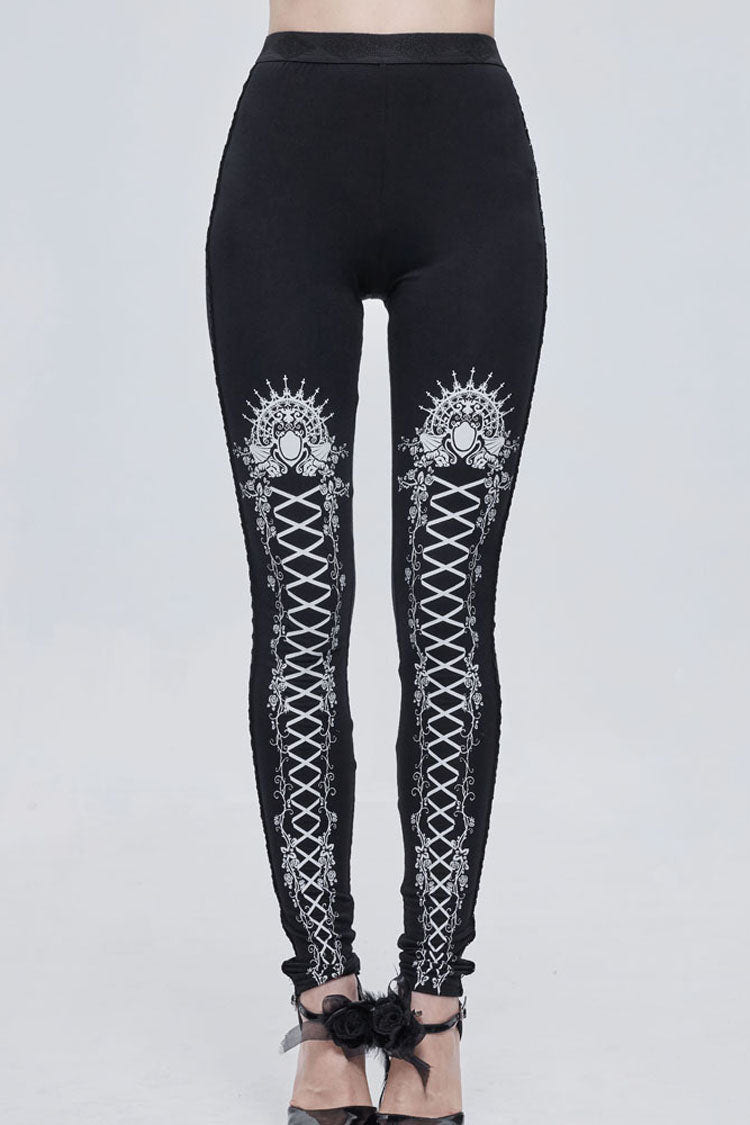 Black/White Gothic Printed Decoration Tie-Rope Elasticity Women's Leggings - Black/White - 1