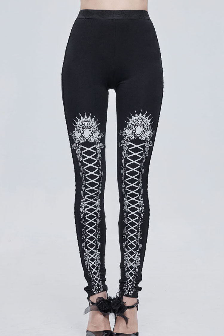 Black/White Gothic Printed Decoration Tie-Rope Elasticity Women's Leggings - Black/White - 1