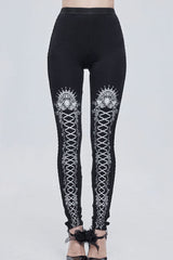 Black/White Gothic Printed Decoration Tie-Rope Elasticity Women's Leggings - Black/White - 1