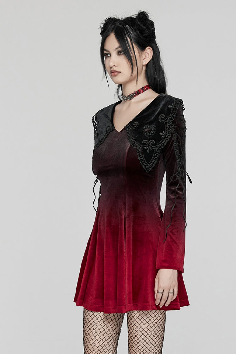 Black/Red Doll Collar Long Sleeves Gradient Embroidery Women's Gothic Prom Dress - Product - 2