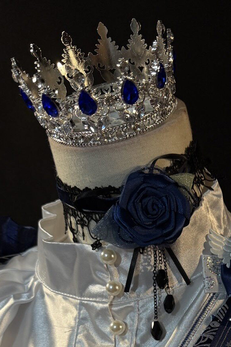 White/Blue [Royal Knight] Stand Collar Long Sleeves Gothic Vintage Cool Lolita Set - Choker+Crown(Only) - 13